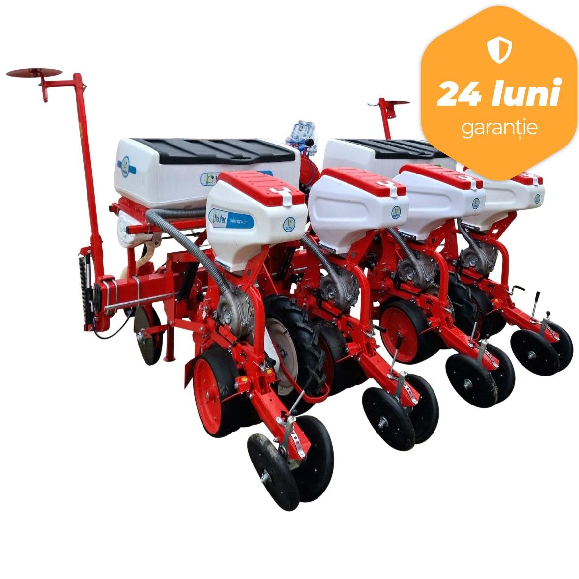 Semanatoare pneumatica pentru porumb si plante prasitoare, cadru fix, Bufer 4 randuri, buncar de fertilizare de plastic 2*200 litri cu dublu disc la semanat si fertilizare